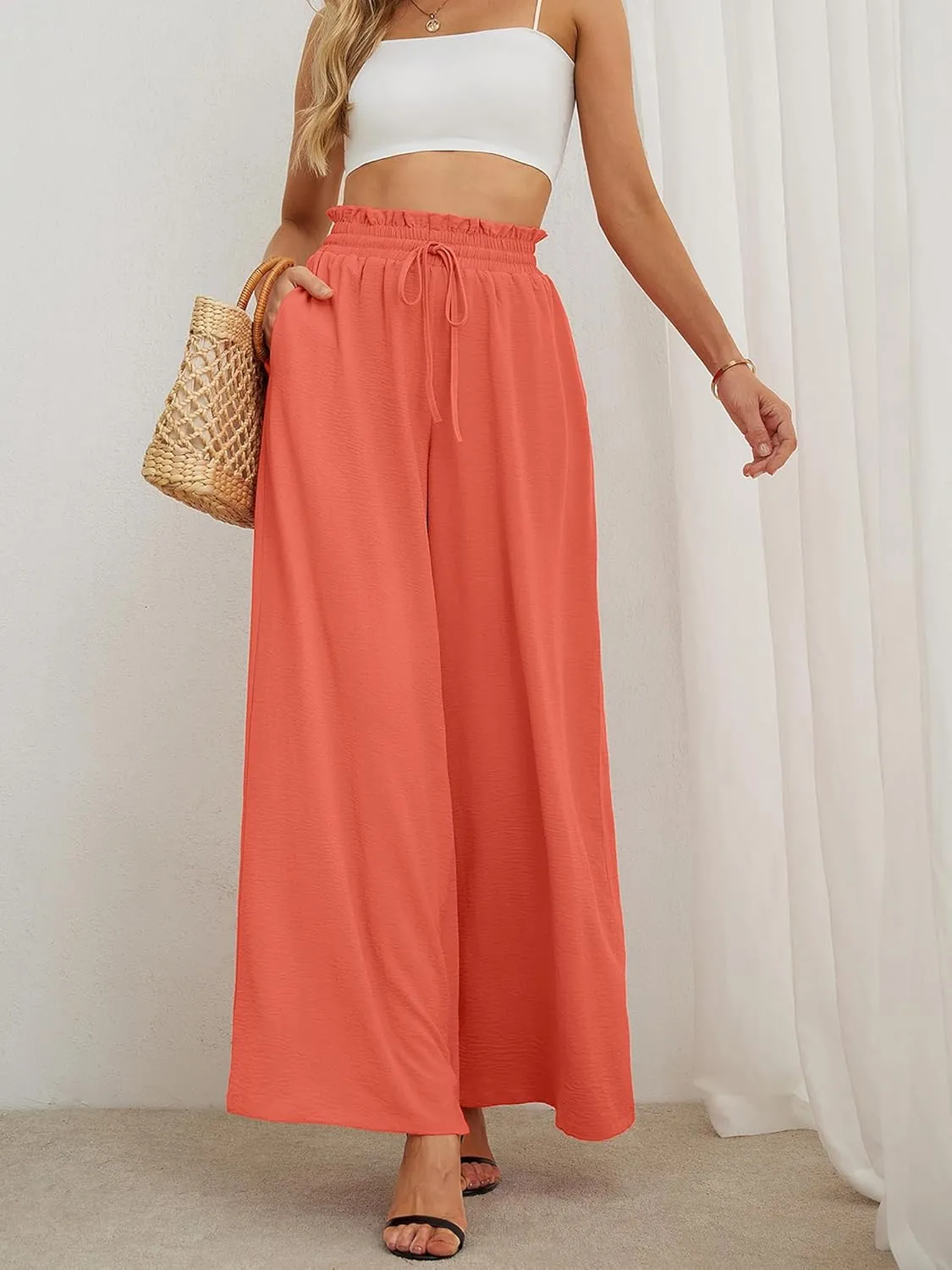 Heymoments Women's Wide Leg Lounge Pants Lightweight High Waisted Adjustable Tie Knot Loose Trousers with Pockets