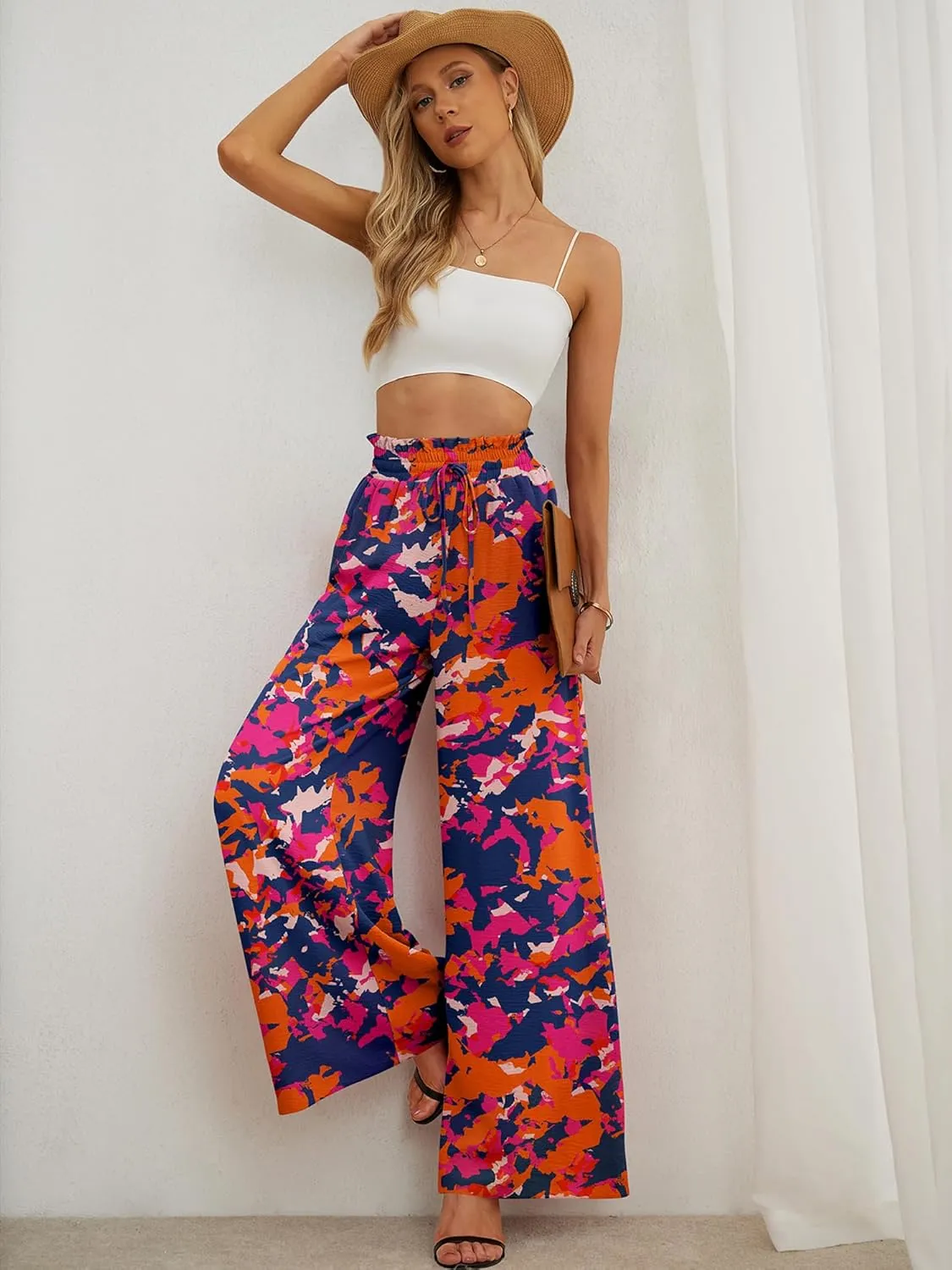 Heymoments Women's Wide Leg Lounge Pants Lightweight High Waisted Adjustable Tie Knot Loose Trousers with Pockets