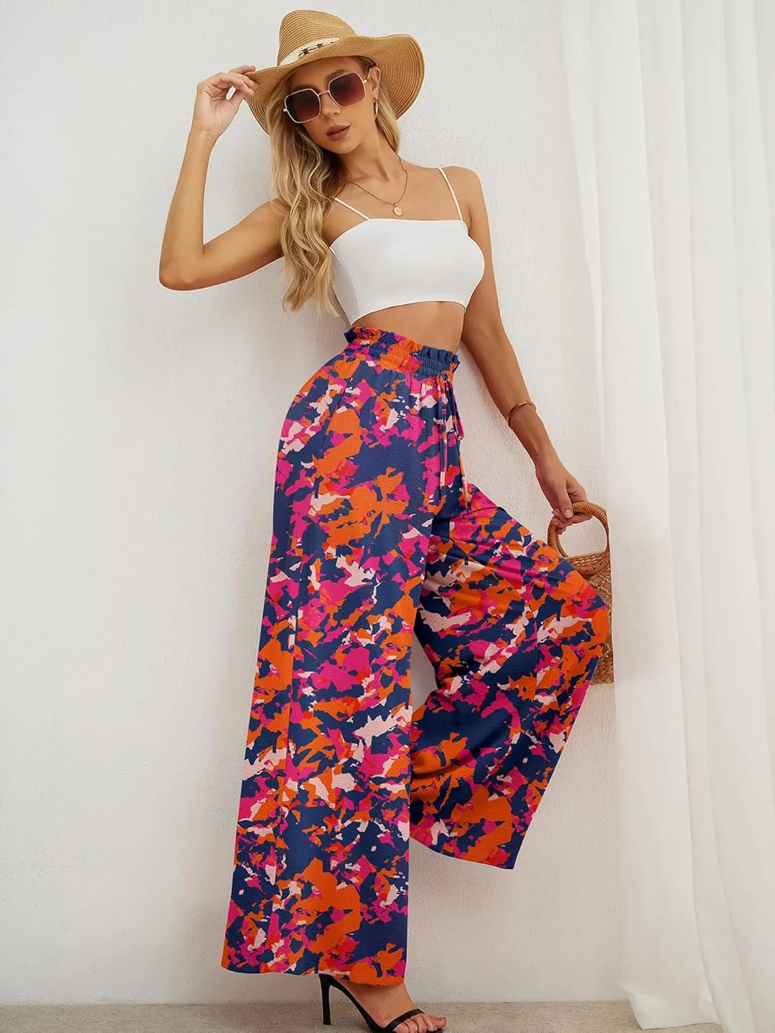 Heymoments Women's Wide Leg Lounge Pants Lightweight High Waisted Adjustable Tie Knot Loose Trousers with Pockets