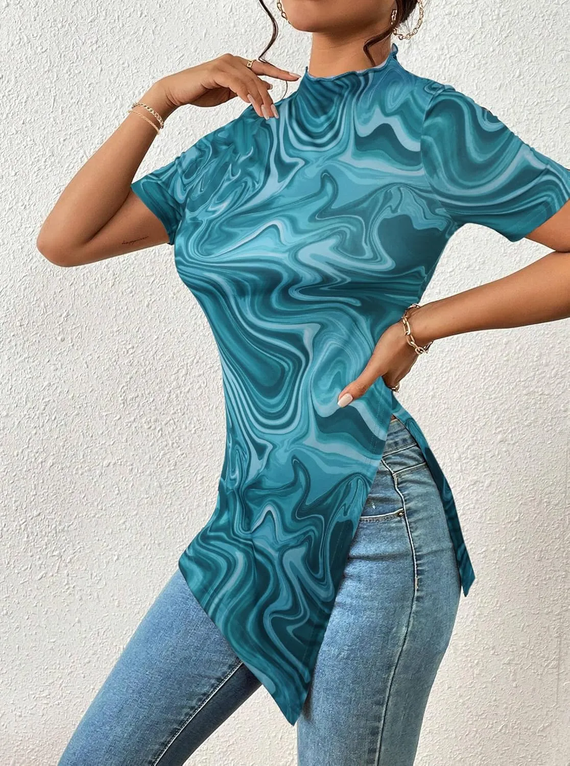 Hilinker Women's Leopard Print Split Hem Tops Summer Mock Neck Short Sleeve Shirts