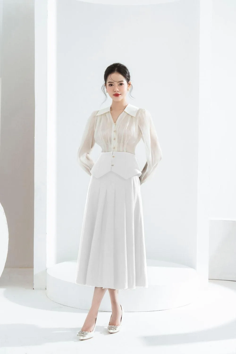 Kelly A-line Knife-Pleated Polycotton Midi Skirt