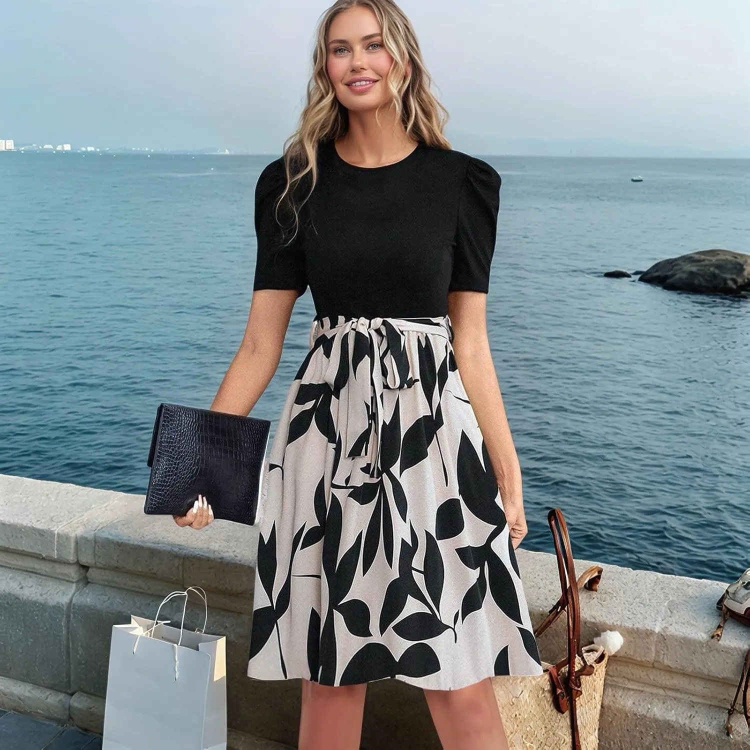 Long Floral Dresses for Women Short Sleeve Elegant Boho Tie Belted Empire Waist Patchwork Modest Flowy Maxi Dress