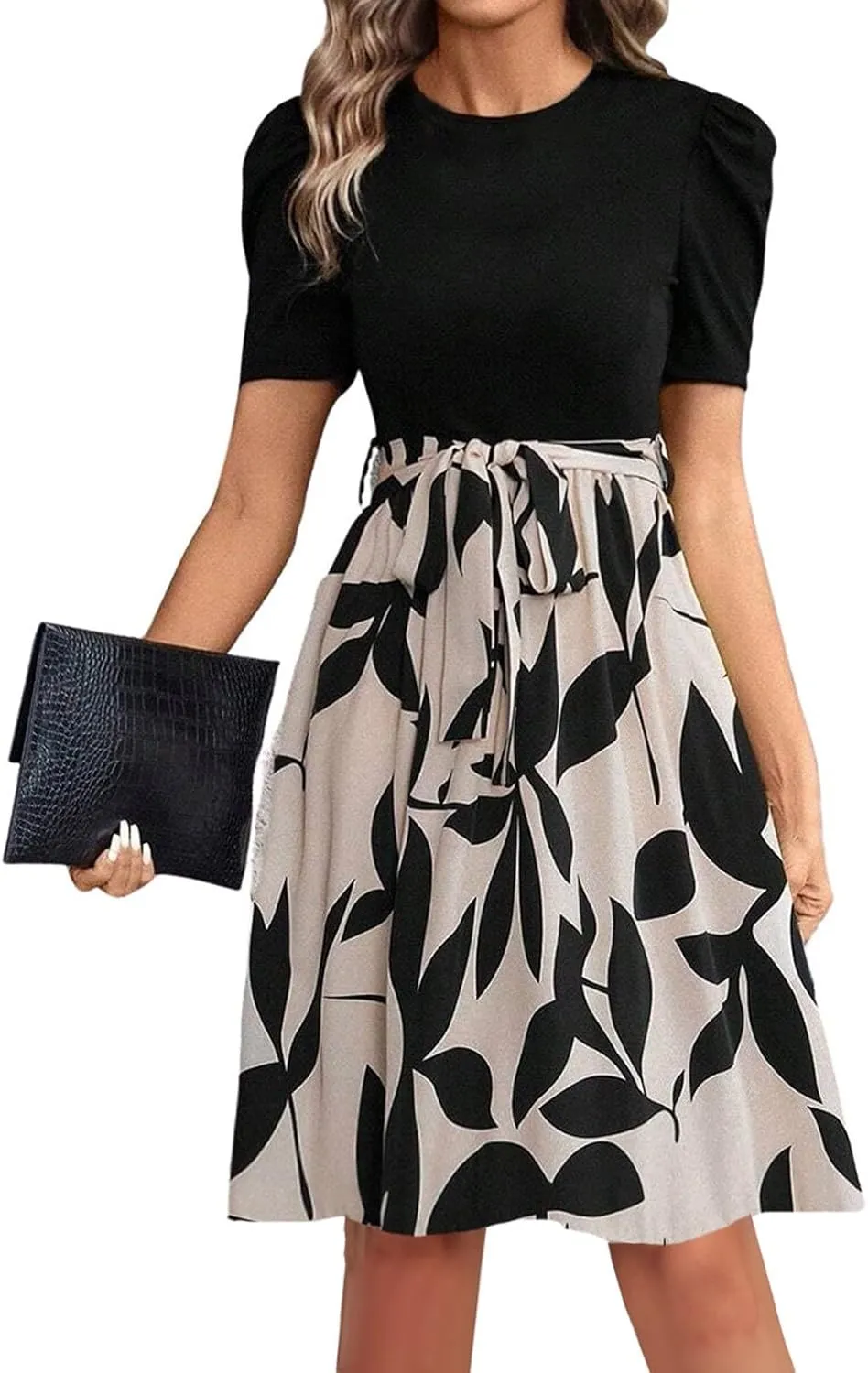 Long Floral Dresses for Women Short Sleeve Elegant Boho Tie Belted Empire Waist Patchwork Modest Flowy Maxi Dress