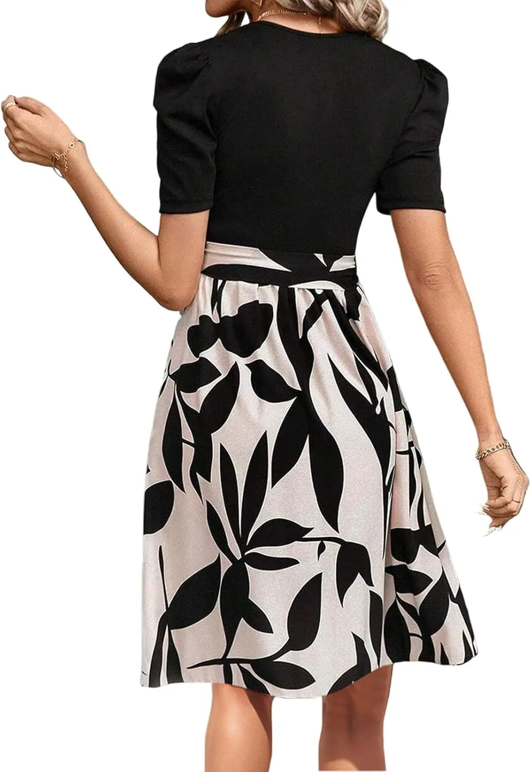 Long Floral Dresses for Women Short Sleeve Elegant Boho Tie Belted Empire Waist Patchwork Modest Flowy Maxi Dress