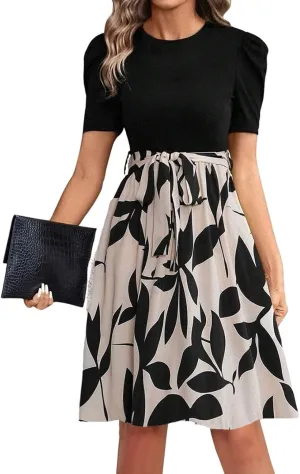 Long Floral Dresses for Women Short Sleeve Elegant Boho Tie Belted Empire Waist Patchwork Modest Flowy Maxi Dress