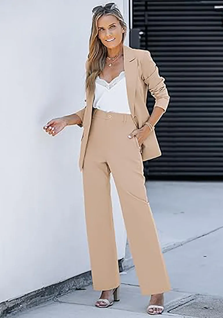 luvamia 2 Piece Outfits for Women Dressy Blazer Jackets High Waisted Straight Leg Pants Suits Set Business Casual Office