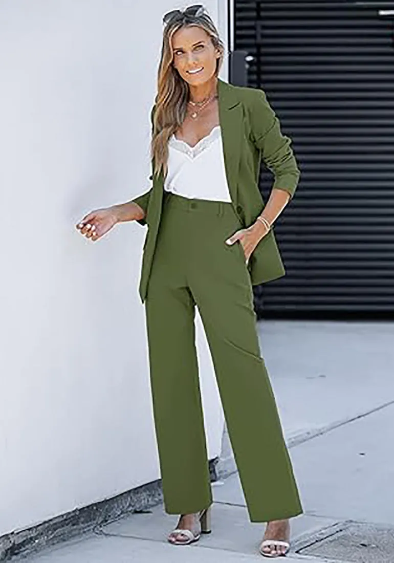 luvamia 2 Piece Outfits for Women Dressy Blazer Jackets High Waisted Straight Leg Pants Suits Set Business Casual Office