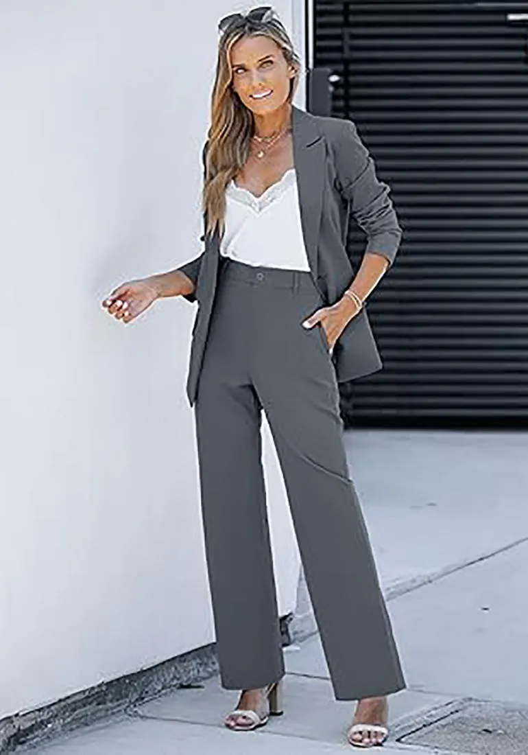 luvamia 2 Piece Outfits for Women Dressy Blazer Jackets High Waisted Straight Leg Pants Suits Set Business Casual Office