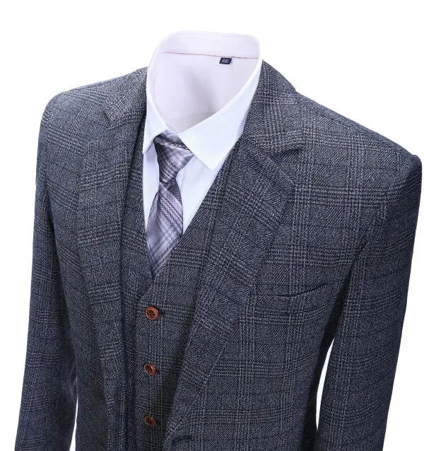 Men's Business 3 Pieces Formal Dark Grey Tweed Notch Lapel Suit (Blazer vest Pants)