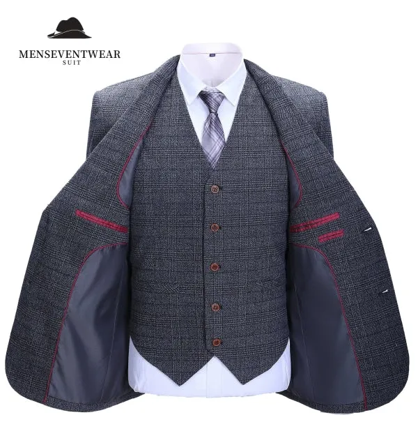 Men's Business 3 Pieces Formal Dark Grey Tweed Notch Lapel Suit (Blazer vest Pants)