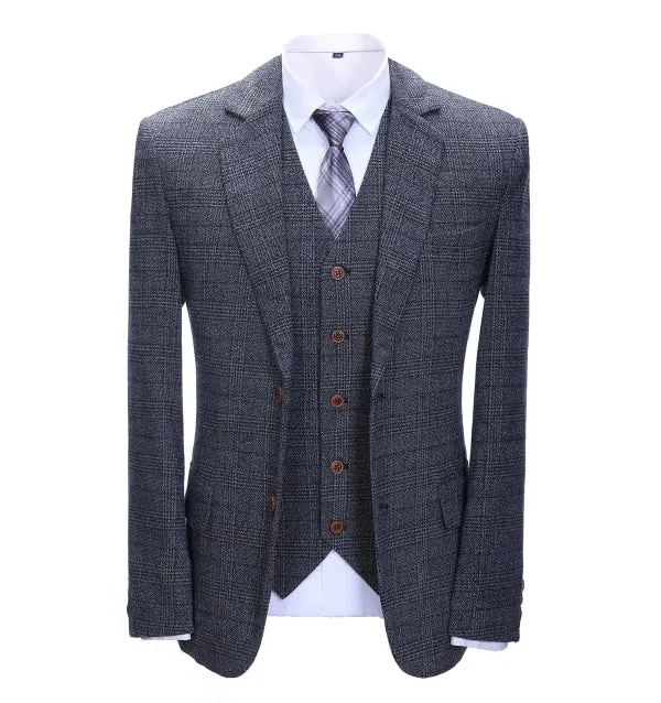 Men's Business 3 Pieces Formal Dark Grey Tweed Notch Lapel Suit (Blazer vest Pants)