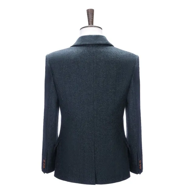 Men's Business 3 Pieces Formal Navy Herringbone Notch Lapel Suit (Blazer vest Pants)