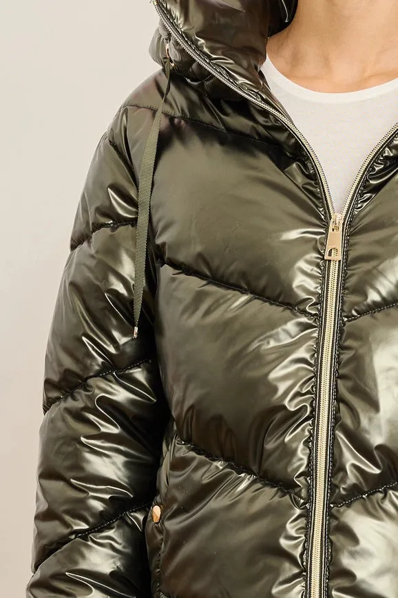 Metallic Down Jacket with Adjustable Hood and Snap Button Pockets Persimmon