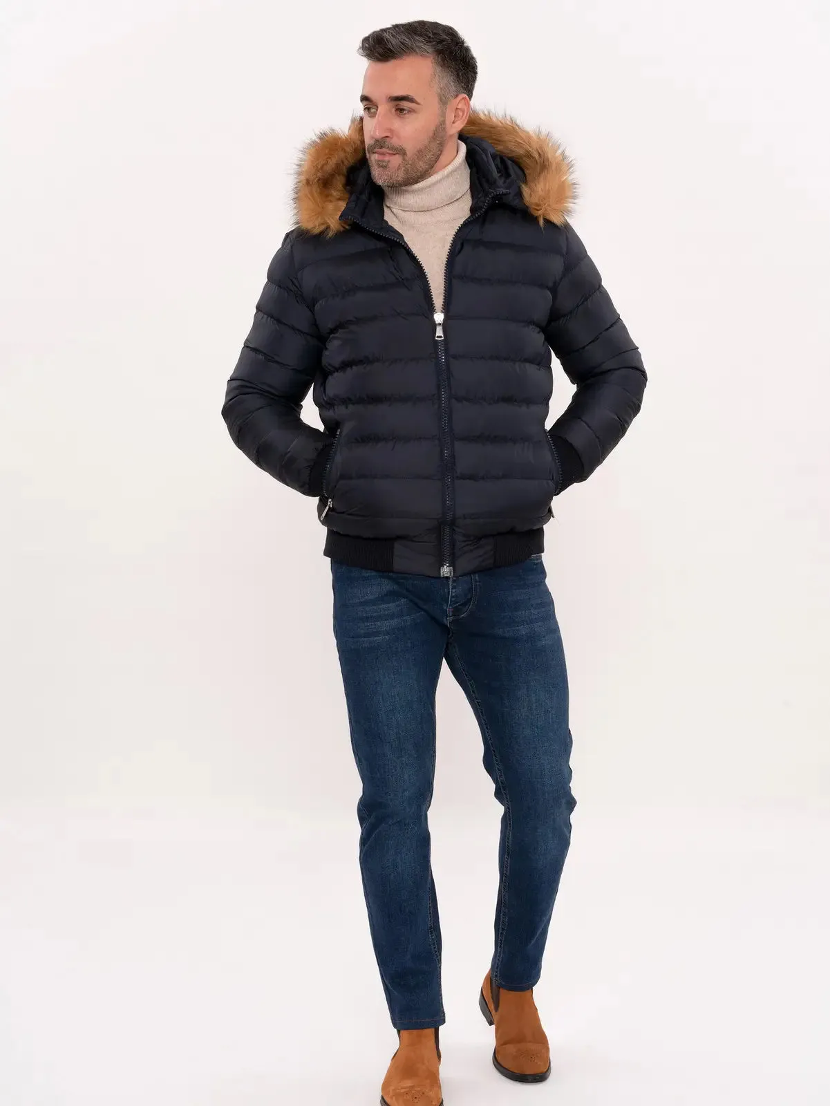 Navy Blue Hooded Men'S Down Coat