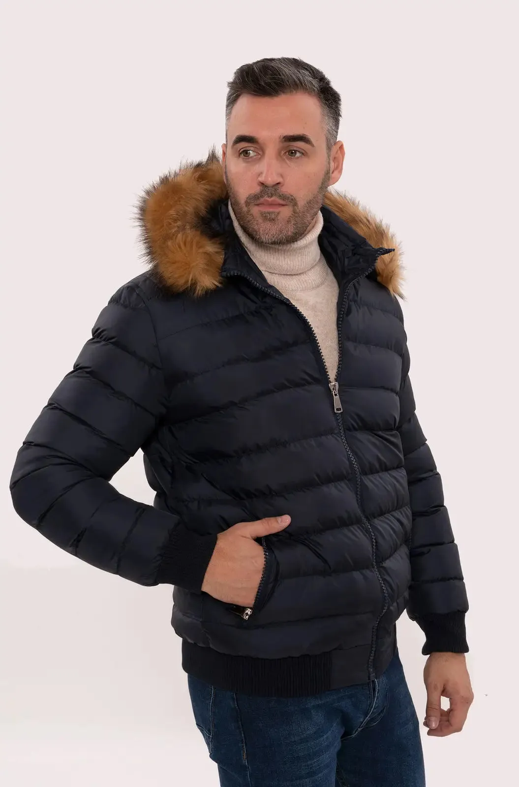 Navy Blue Hooded Men'S Down Coat