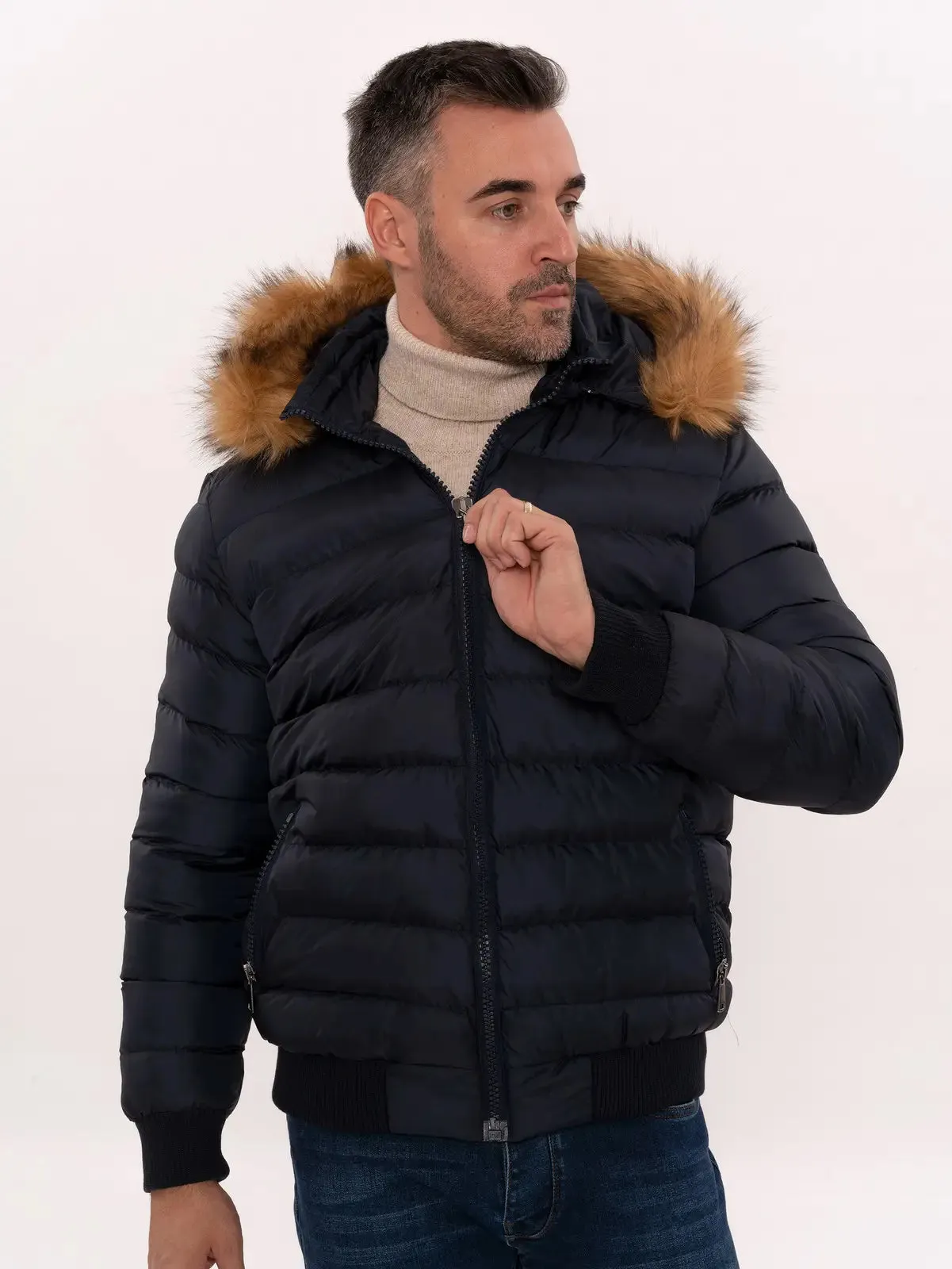 Navy Blue Hooded Men'S Down Coat