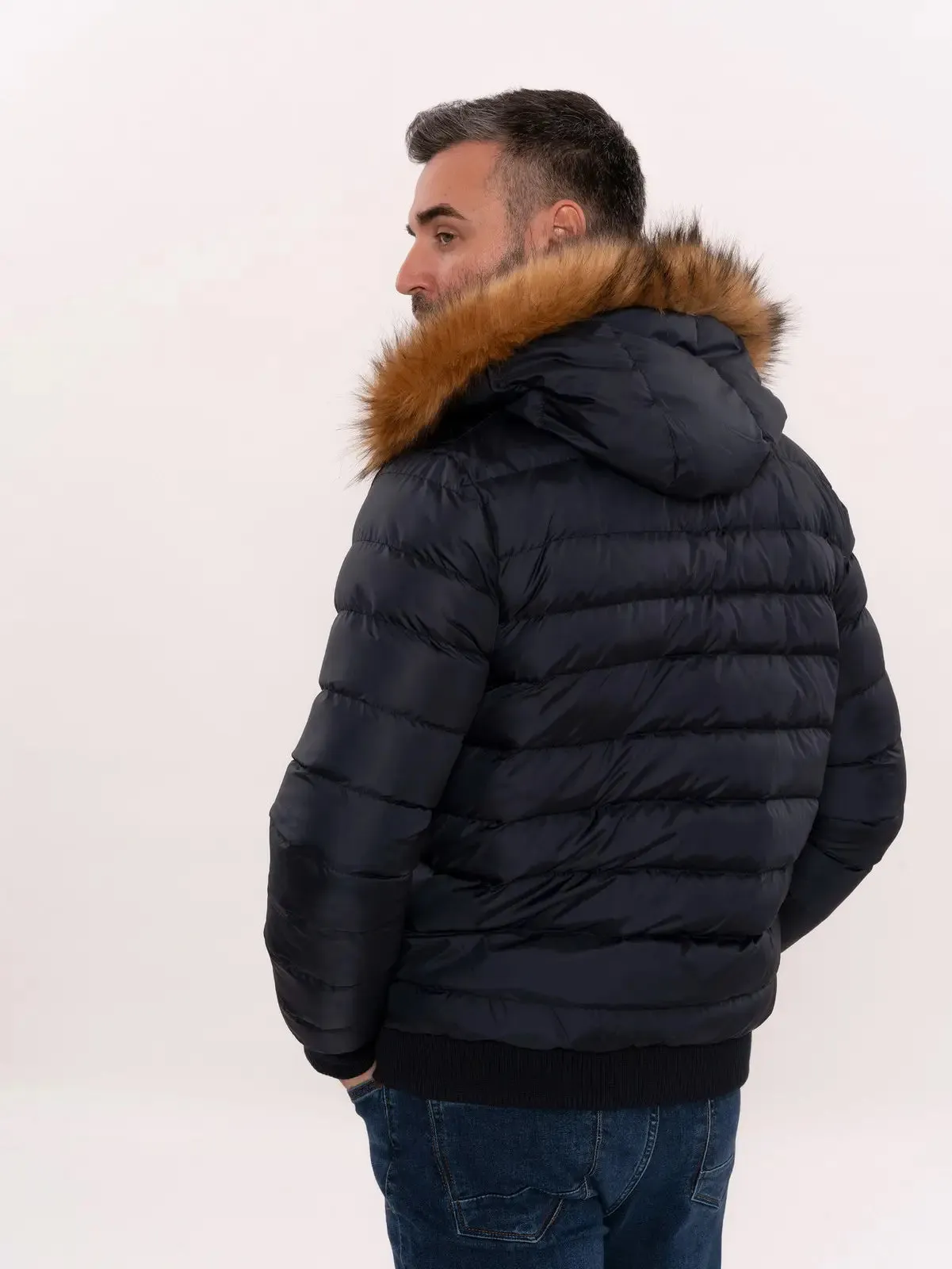 Navy Blue Hooded Men'S Down Coat