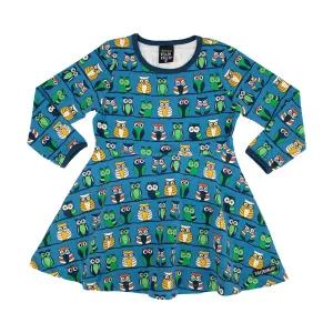 Owl Long Sleeve Half Circle Dress in Mid Marine