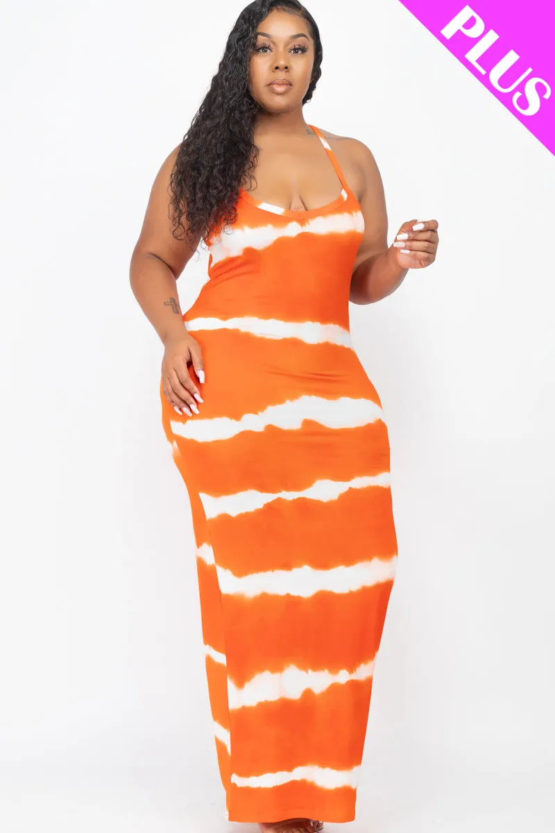Plus Size Stripe Tie-Dye Printed Maxi Dress