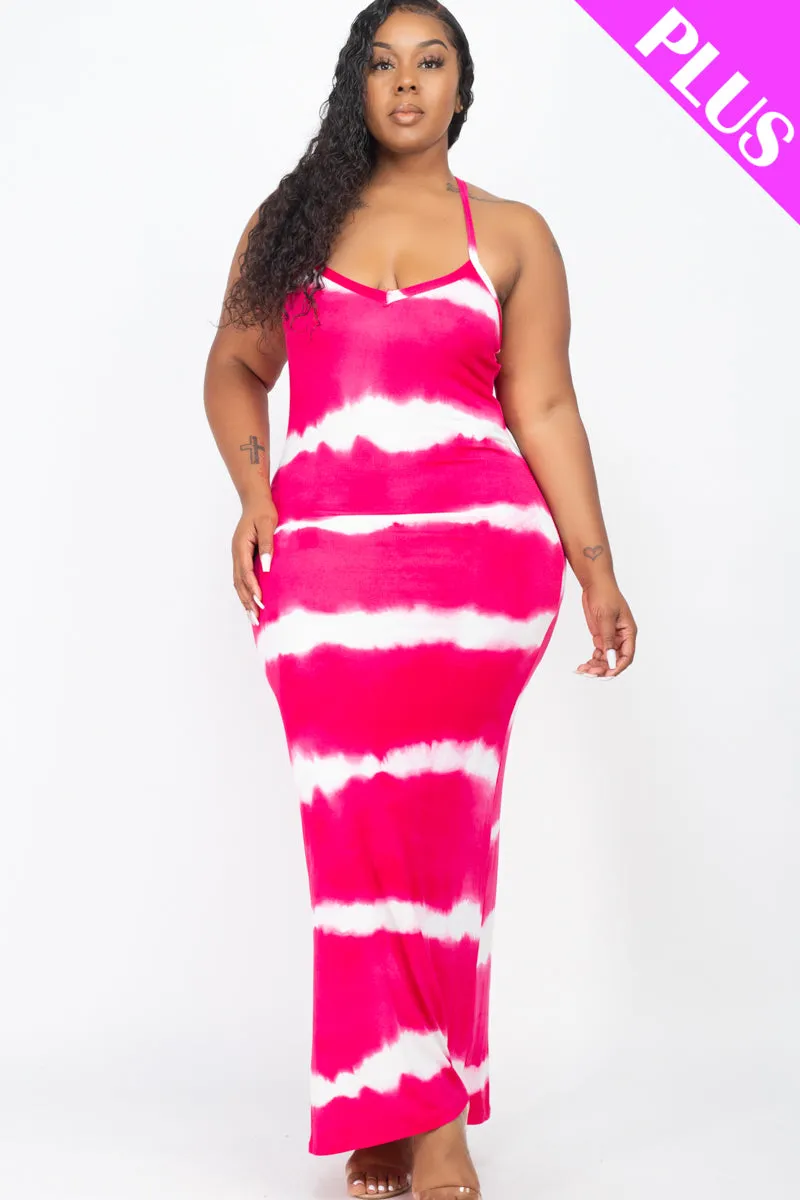 Plus Size Stripe Tie-Dye Printed Maxi Dress