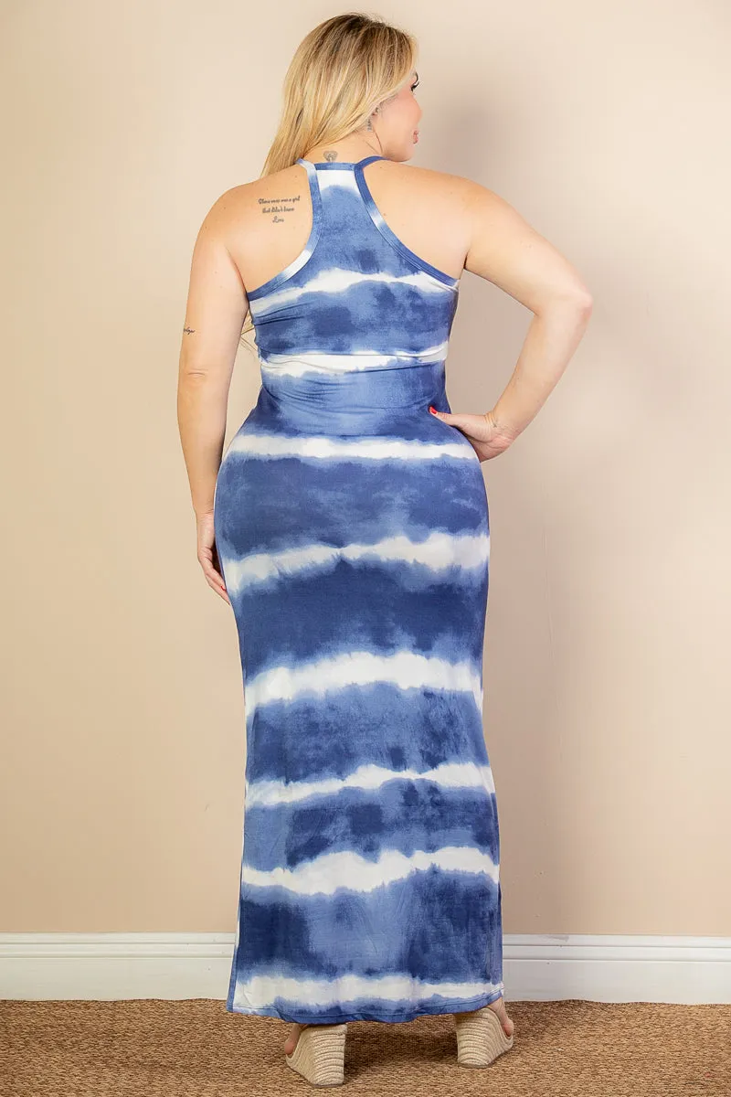 Plus Size Stripe Tie-Dye Printed Maxi Dress