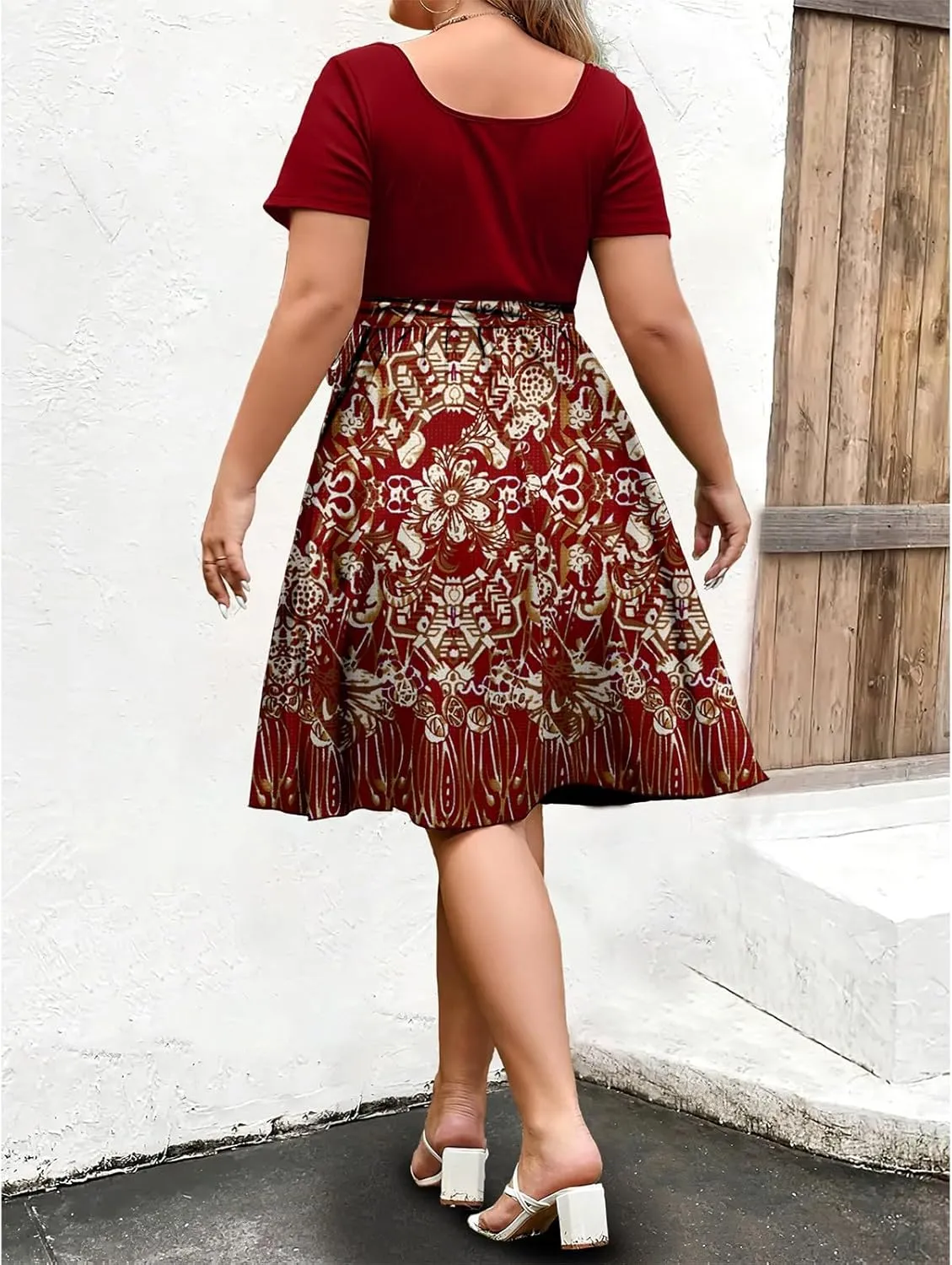 Plus Size Summer Dresses for Women Short Sleeve Empire Waist Semi Formal Floral Dress Midi Length Belted Sundresses