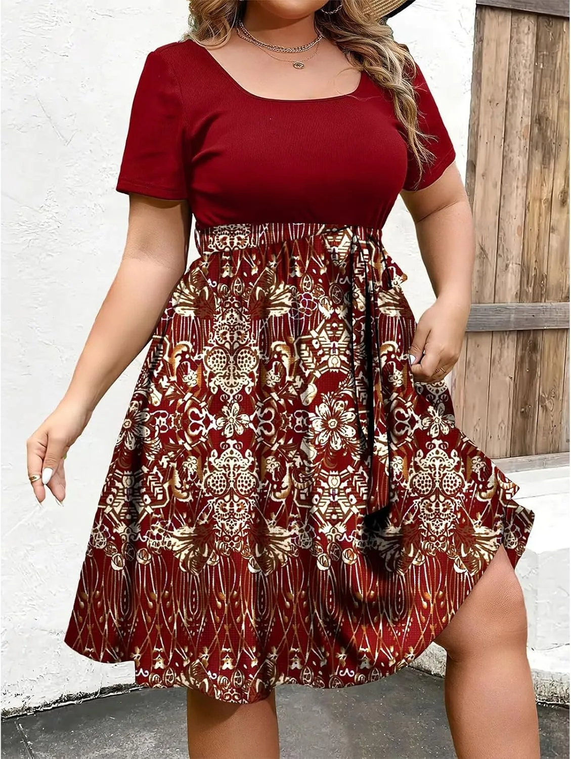 Plus Size Summer Dresses for Women Short Sleeve Empire Waist Semi Formal Floral Dress Midi Length Belted Sundresses