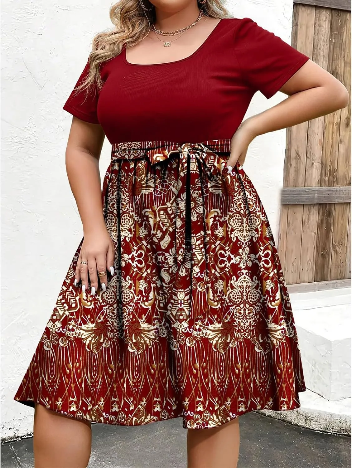 Plus Size Summer Dresses for Women Short Sleeve Empire Waist Semi Formal Floral Dress Midi Length Belted Sundresses