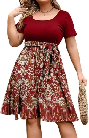 Plus Size Summer Dresses for Women Short Sleeve Empire Waist Semi Formal Floral Dress Midi Length Belted Sundresses