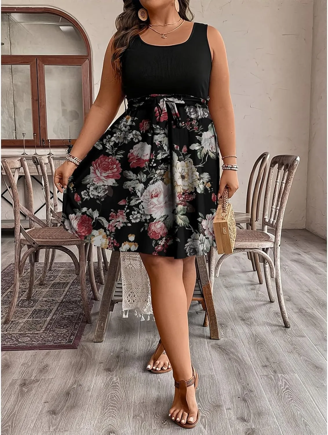 Plus Size Summer Sundress for Women Empire Waist Sleeveless Semi Formal Floral Dress Midi Length Belted Dresses