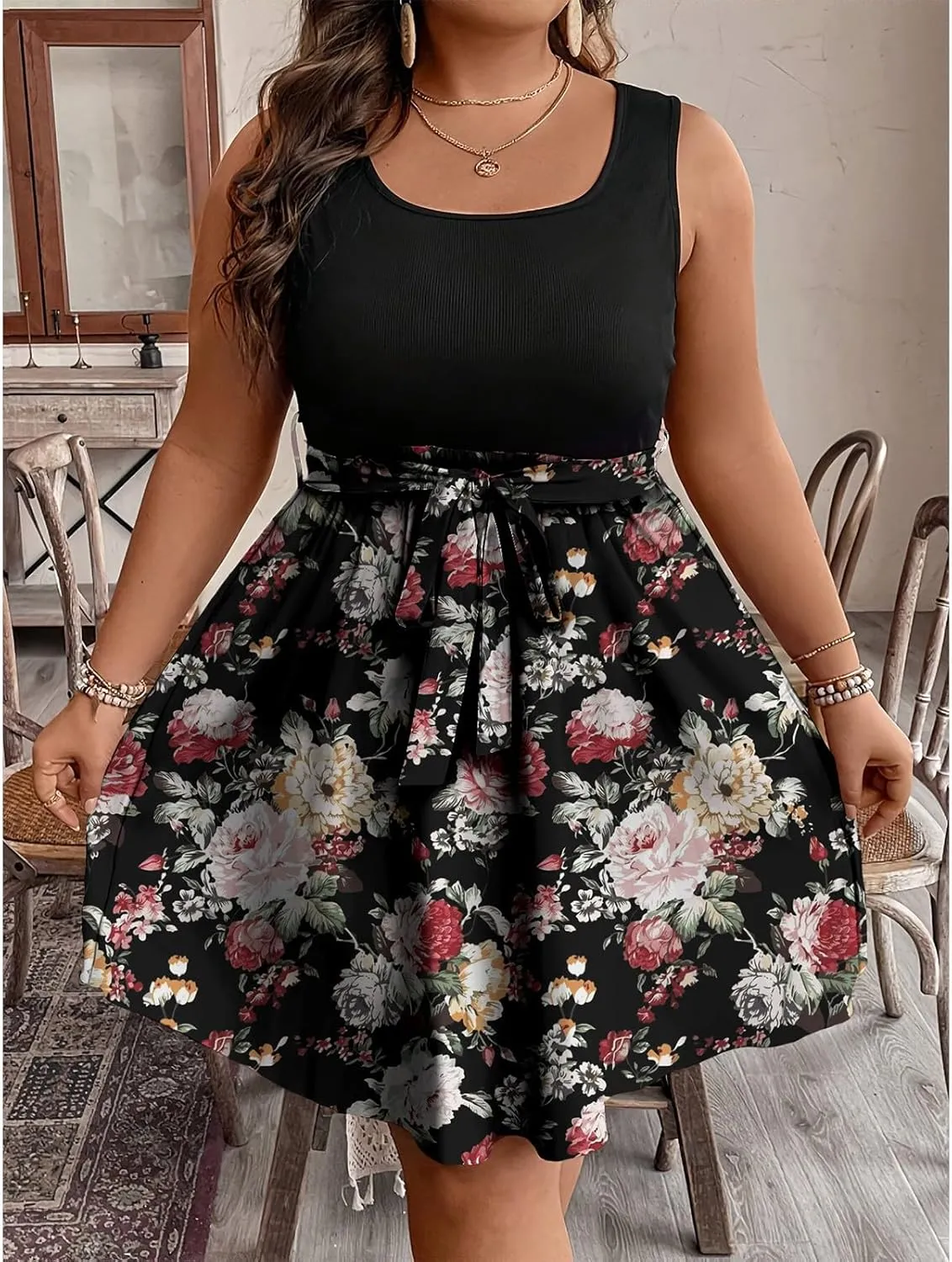 Plus Size Summer Sundress for Women Empire Waist Sleeveless Semi Formal Floral Dress Midi Length Belted Dresses