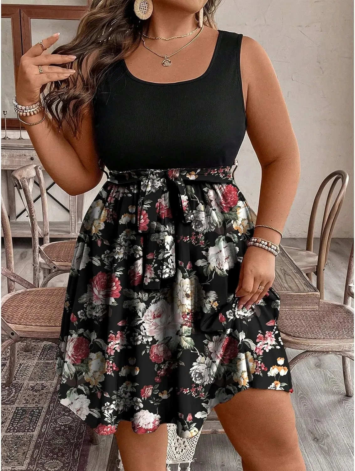 Plus Size Summer Sundress for Women Empire Waist Sleeveless Semi Formal Floral Dress Midi Length Belted Dresses