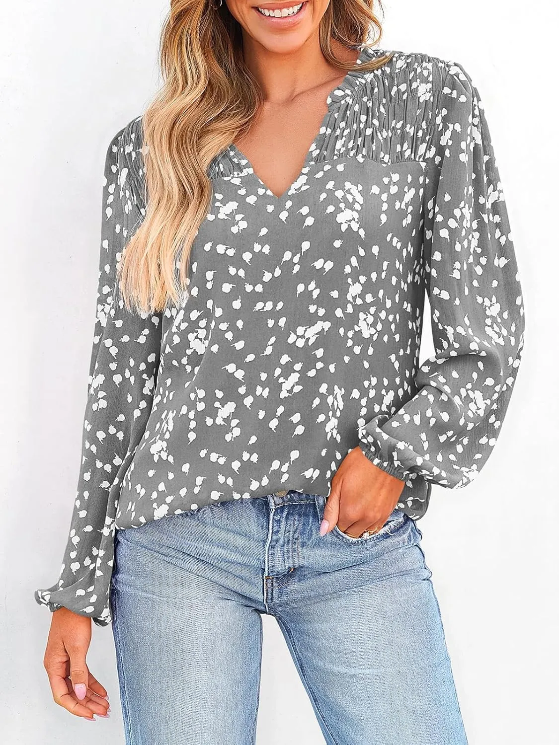 PRETTYGARDEN Womens Floral Spring Tops 2025 V Neck Long Sleeve Blouses Dressy Casual Boho Chiffon Business Work Shirts