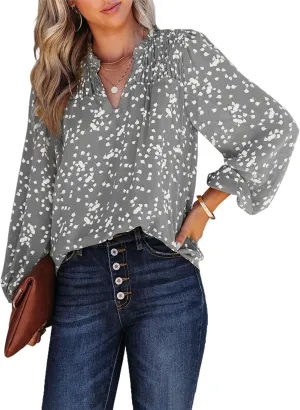 PRETTYGARDEN Womens Floral Spring Tops 2025 V Neck Long Sleeve Blouses Dressy Casual Boho Chiffon Business Work Shirts