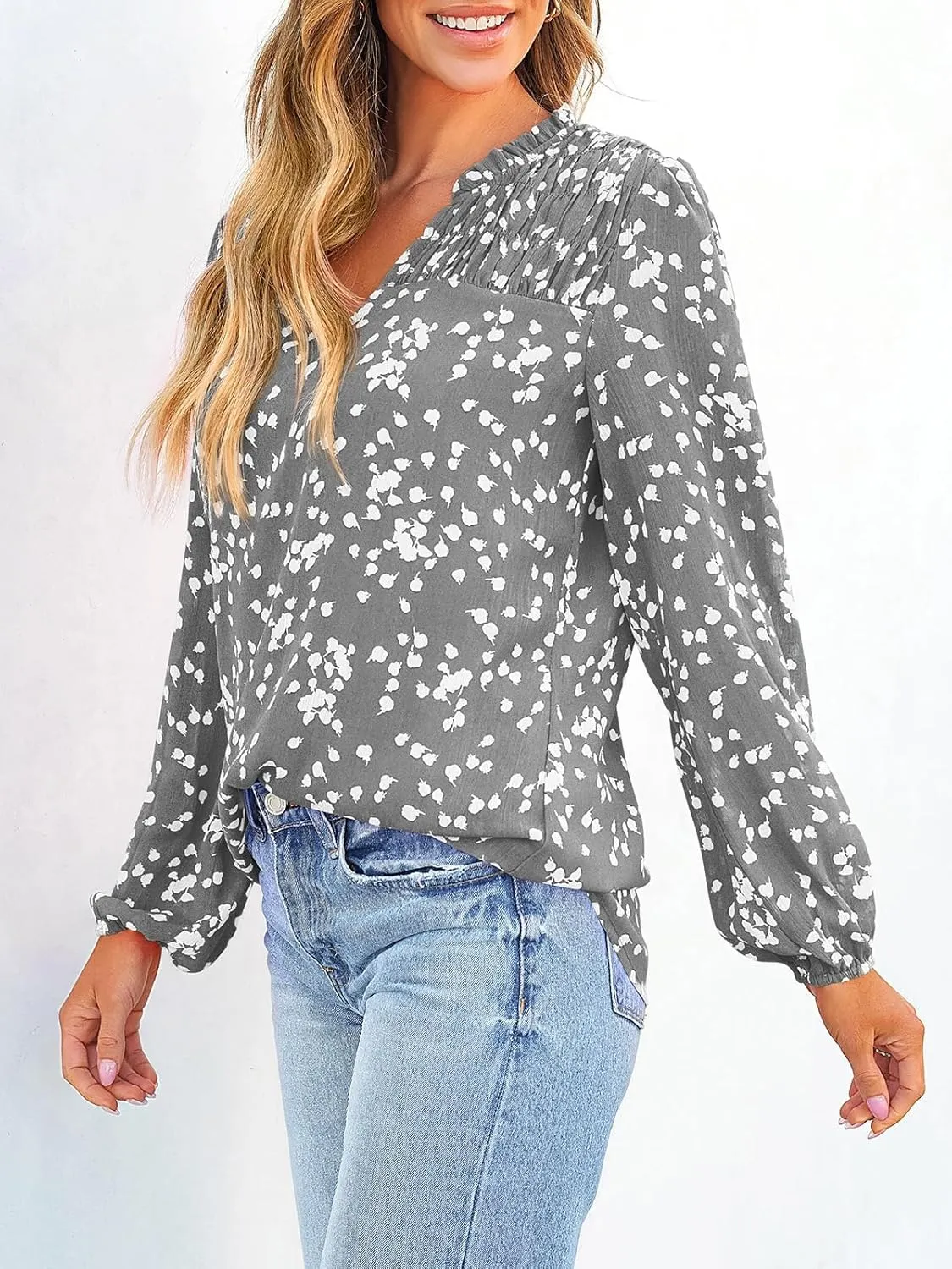 PRETTYGARDEN Womens Floral Spring Tops 2025 V Neck Long Sleeve Blouses Dressy Casual Boho Chiffon Business Work Shirts