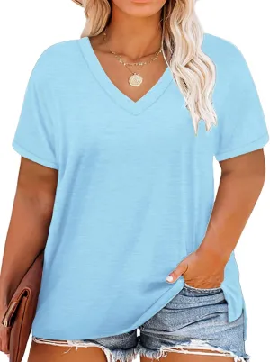 ROSRISS Womens Plus Size Short Sleeve T Shirt V Neck High Low Tops Blouse Tunics with Side Split