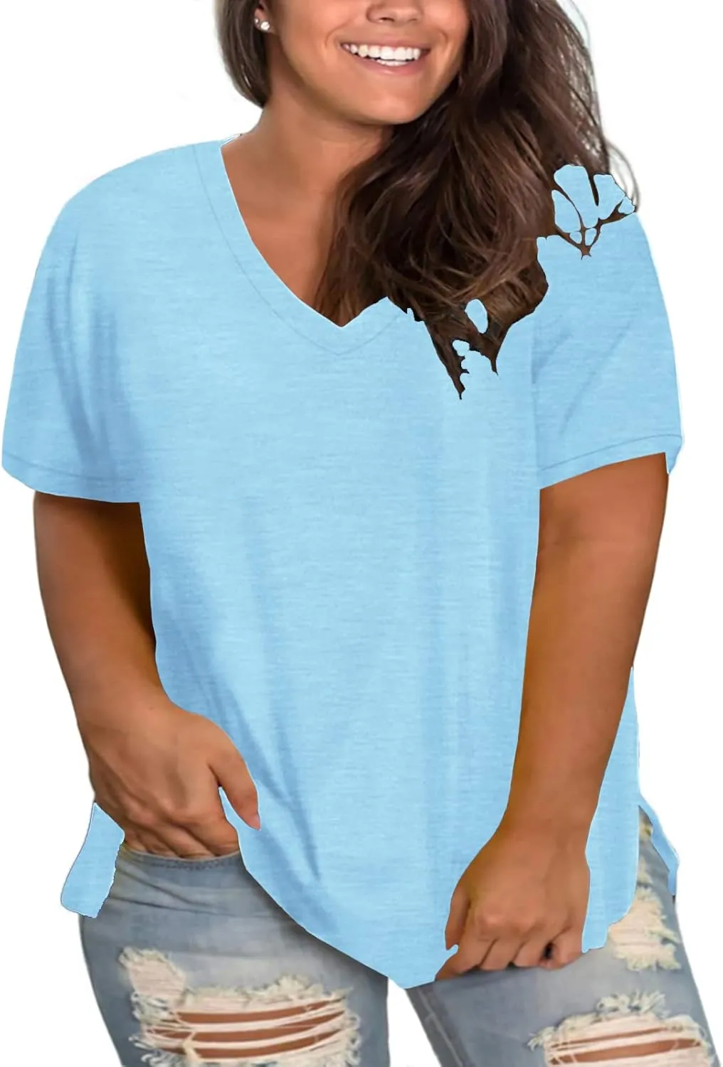 ROSRISS Womens Plus Size Short Sleeve T Shirt V Neck High Low Tops Blouse Tunics with Side Split