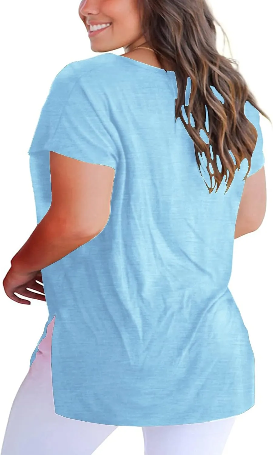 ROSRISS Womens Plus Size Short Sleeve T Shirt V Neck High Low Tops Blouse Tunics with Side Split
