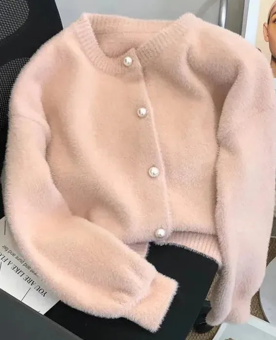 Simple O-neck Single-breasted Imitation Mink Velvet Knitted Sweater Casual Loose Soft Pearl Buttons Cardigan