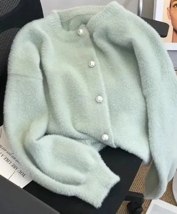 Simple O-neck Single-breasted Imitation Mink Velvet Knitted Sweater Casual Loose Soft Pearl Buttons Cardigan