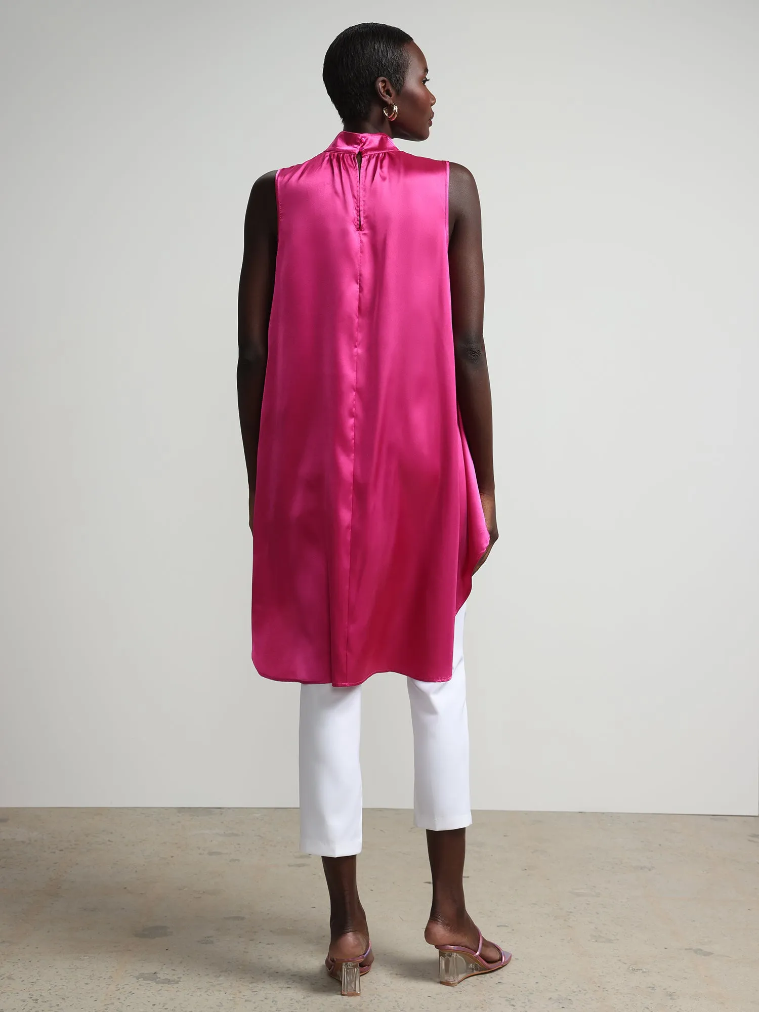 Sleeveless High-Low Satin-Effect Blouse