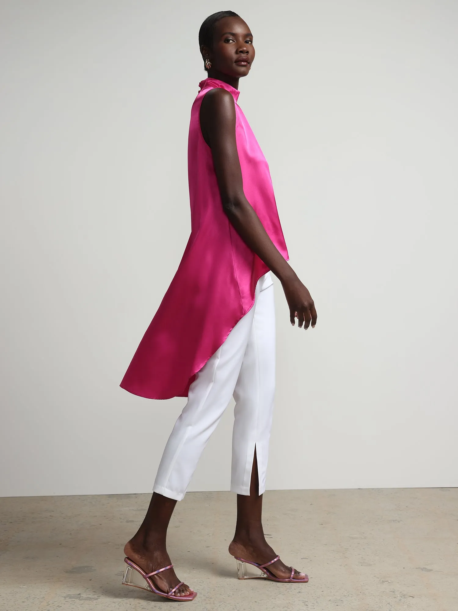 Sleeveless High-Low Satin-Effect Blouse