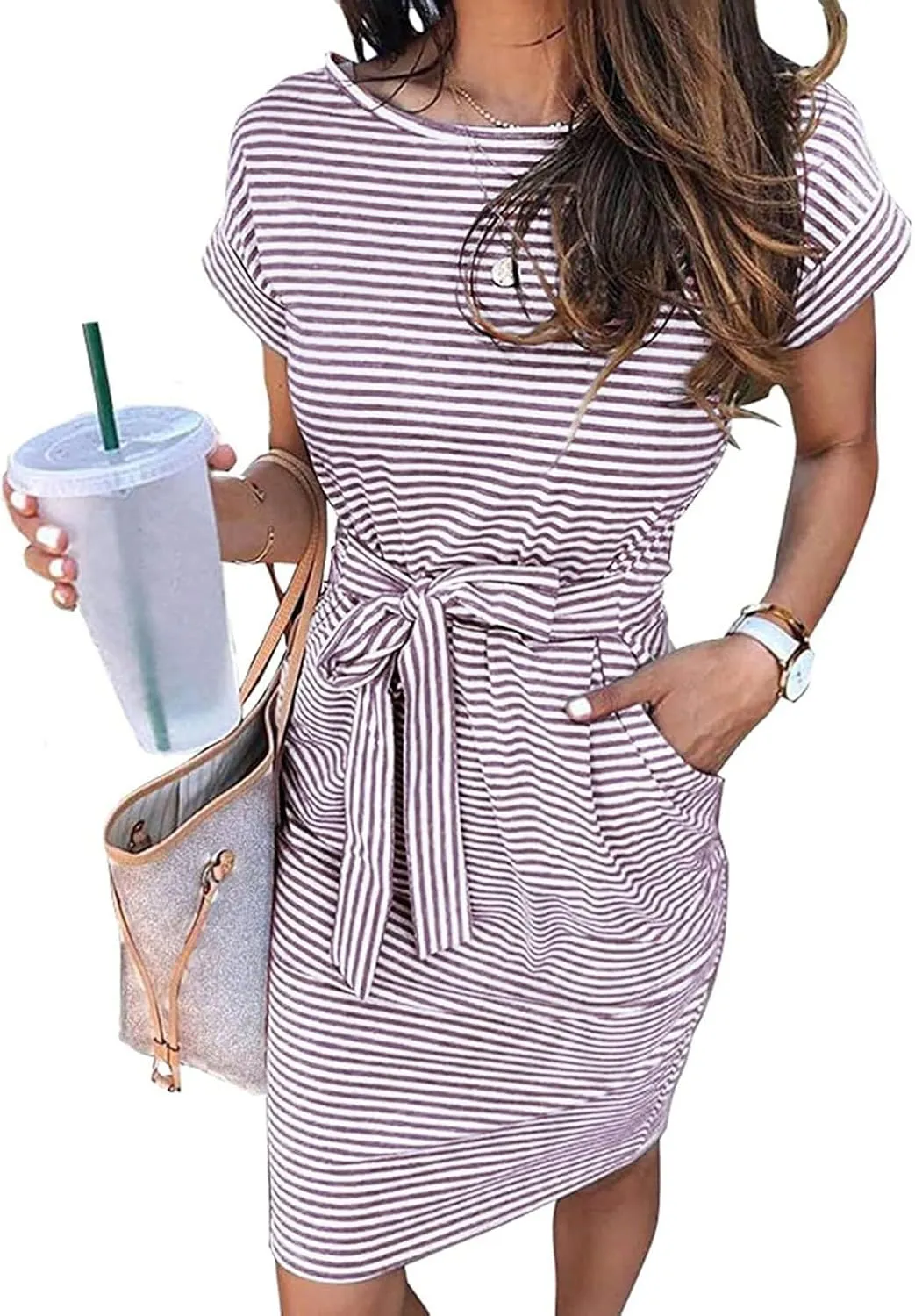 Summer Dresses for Women 2025 Casual Short Sleeve T Shirt Dress Tie Waist Belted Striped Midi Dress with Pockets