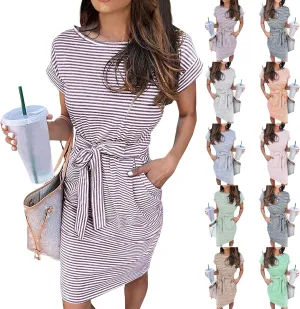 Summer Dresses for Women 2025 Casual Short Sleeve T Shirt Dress Tie Waist Belted Striped Midi Dress with Pockets