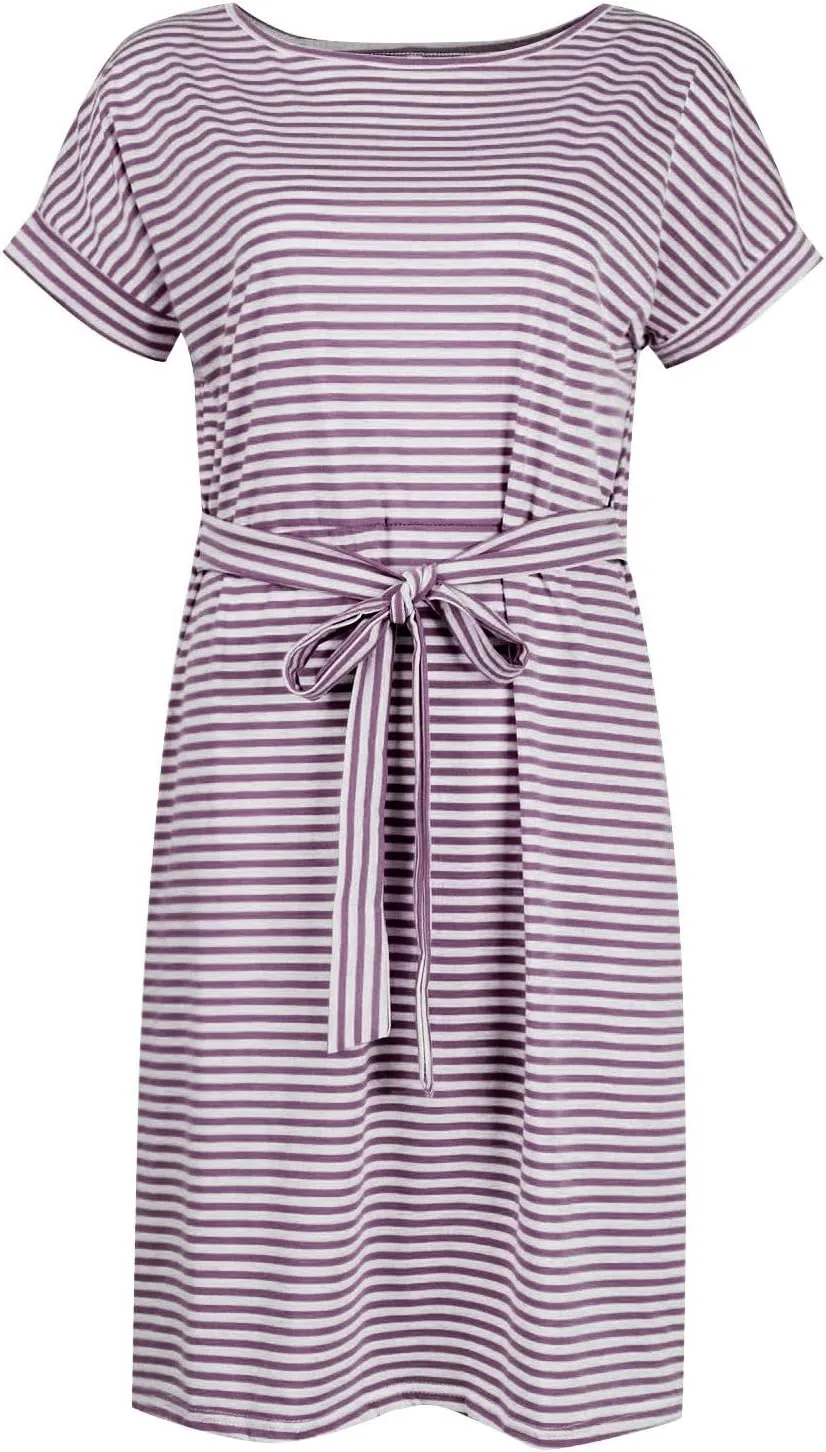 Summer Dresses for Women 2025 Casual Short Sleeve T Shirt Dress Tie Waist Belted Striped Midi Dress with Pockets