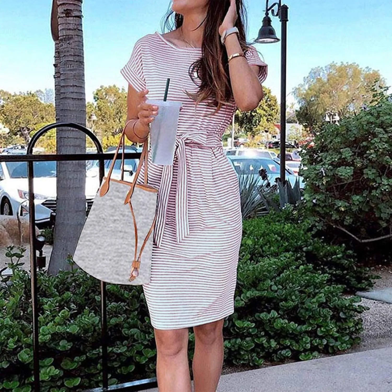 Summer Dresses for Women 2025 Casual Short Sleeve T Shirt Dress Tie Waist Belted Striped Midi Dress with Pockets