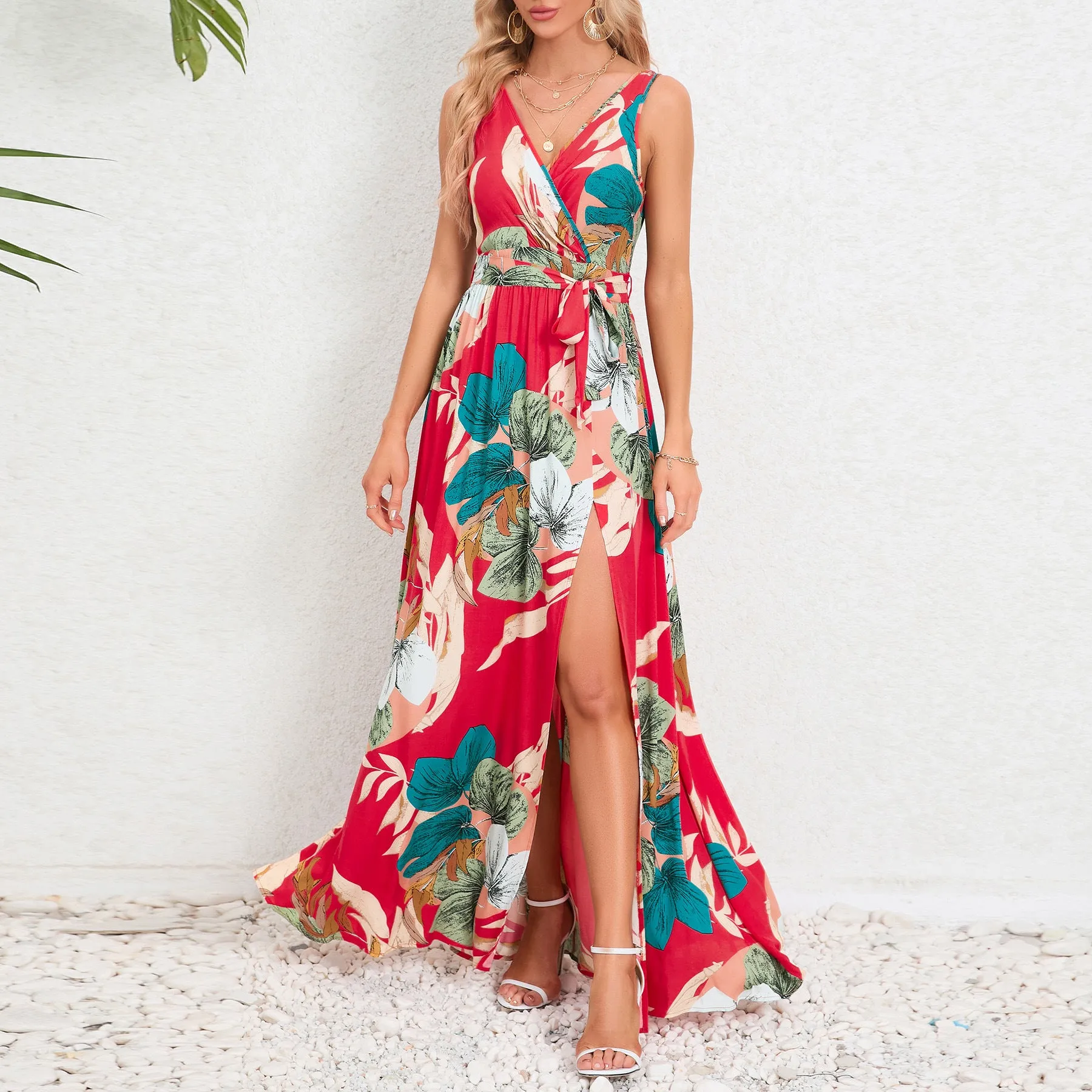 Trend4us Floral V-Neck Flowy Maxi Dress