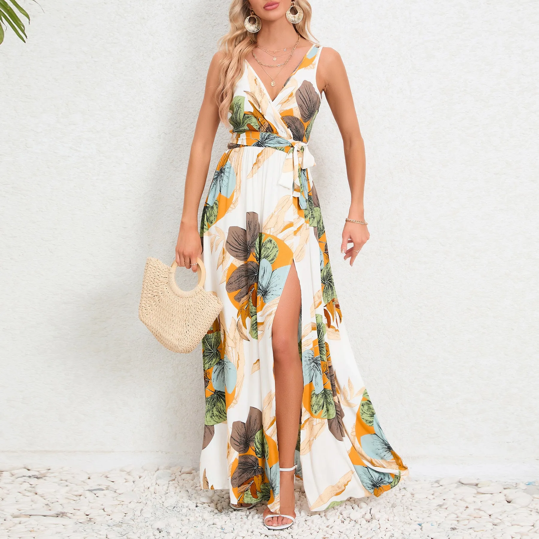 Trend4us Floral V-Neck Flowy Maxi Dress