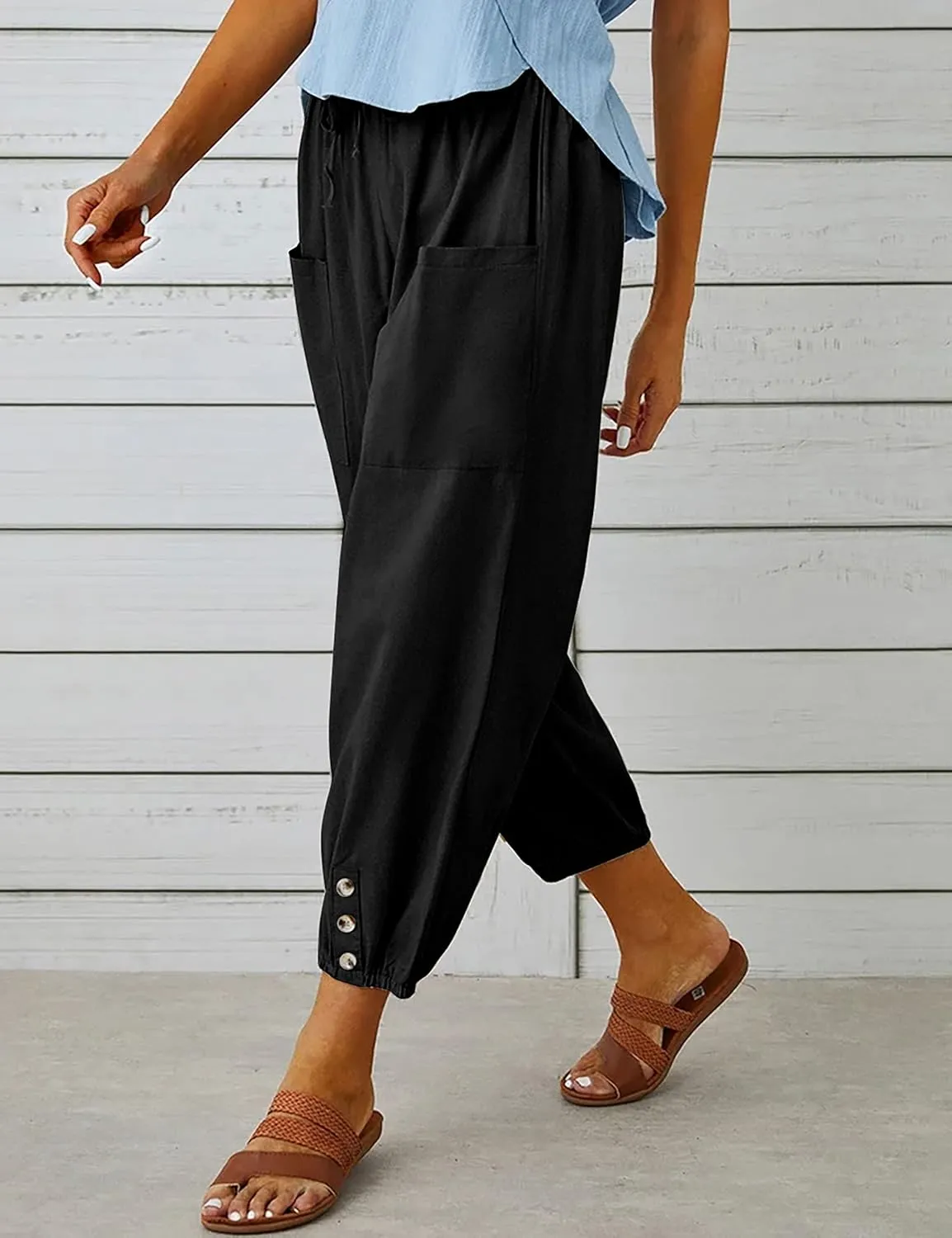 Wanzetaly Summer Cotton Linen Capri Pants for Women Loose Cropped Stretch Tapered Lantern Harem Pants Capris
