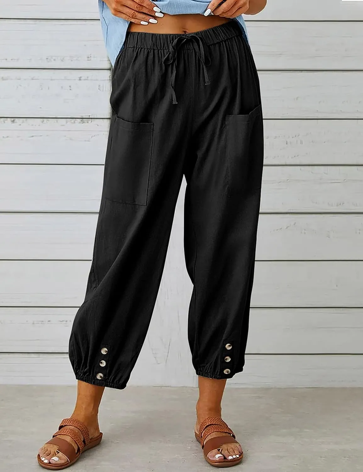 Wanzetaly Summer Cotton Linen Capri Pants for Women Loose Cropped Stretch Tapered Lantern Harem Pants Capris